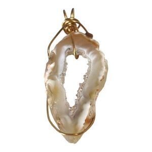 Gold Tone Wire Wrapped Agate Natural Raw Geode Druzy Sliced Stone Pendant Boho